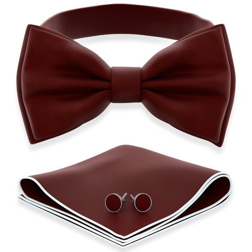 Burgundy Bow Tie with Handkerchief & Cufflinks Set by Adam Young