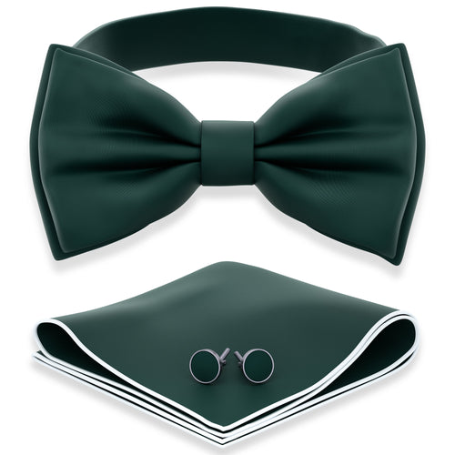 Dark Green Bow Tie with Handkerchief & Cufflinks Set by Adam Young