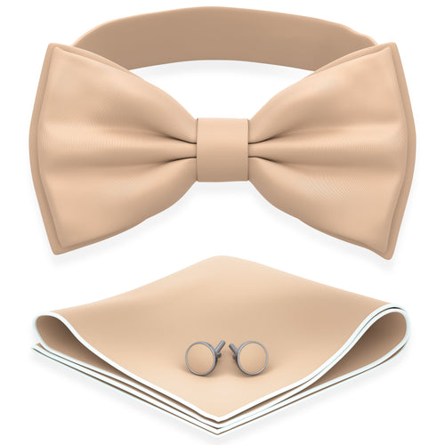 Dune Beige Bow Tie with Handkerchief & Cufflinks Set by Adam Young