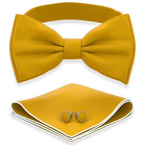 Gold Bow Tie with Handkerchief & Cufflinks Set by Adam Young