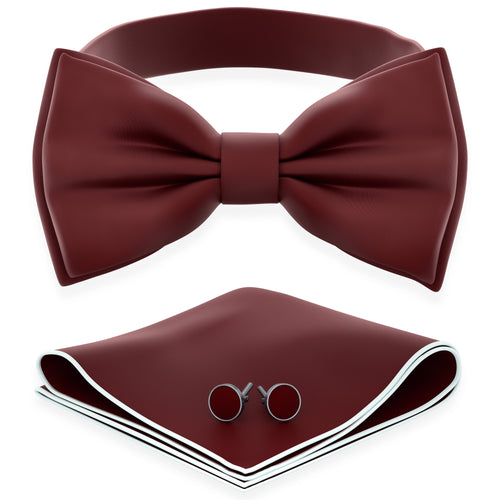 Maroon Red Bow Tie with Handkerchief & Cufflinks Set by Adam Young