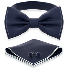 Navy Blue Bow Tie with Handkerchief & Cufflinks Set by Adam Young