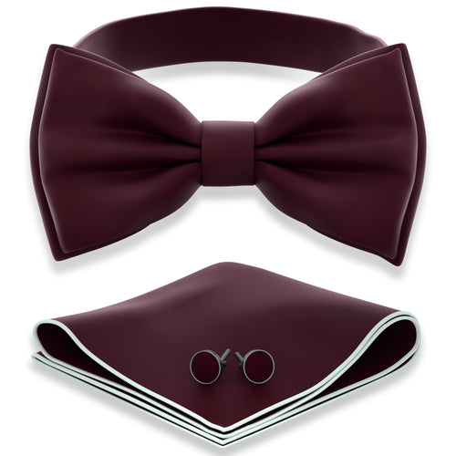 Wine Red Bow Tie with Handkerchief & Cufflinks Set by Adam Young