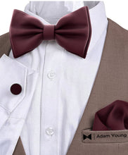 Wine Red Bow Tie with Handkerchief & Cufflinks Set by Adam Young