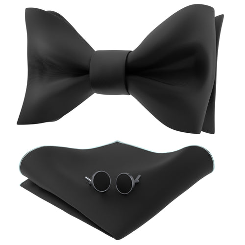 Black Self Tie Bow Tie with Handkerchief & Cufflinks Set for Men by Adam Young