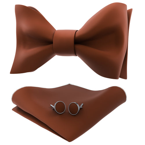 Brown Self Tie Bow Tie with Handkerchief & Cufflinks Set for Men by Adam Young