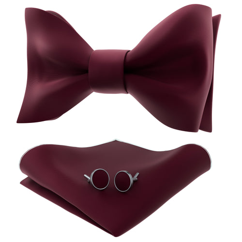 Maroon Red Self Tie Bow Tie with Handkerchief & Cufflinks Set for Men by Adam Young