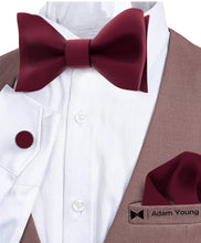 Maroon Red Self Tie Bow Tie with Handkerchief & Cufflinks Set for Men by Adam Young