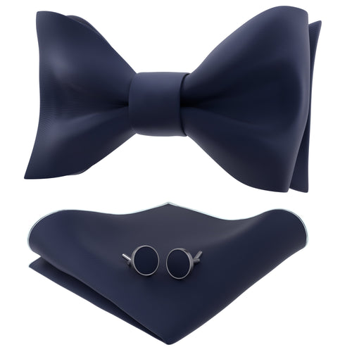 Navy Blue Self Tie Bow Tie with Handkerchief & Cufflinks Set for Men by Adam Young