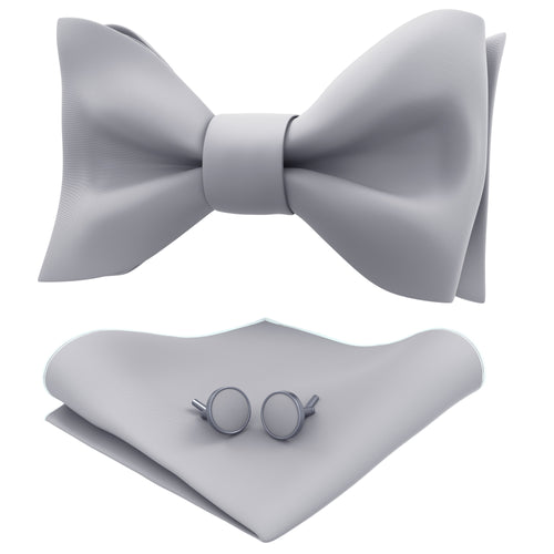 Silver Grey Self Tie Bow Tie with Handkerchief & Cufflinks Set for Men by Adam Young