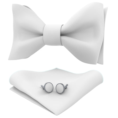 White Self Tie Bow Tie with Handkerchief & Cufflinks Set for Men by Adam Young